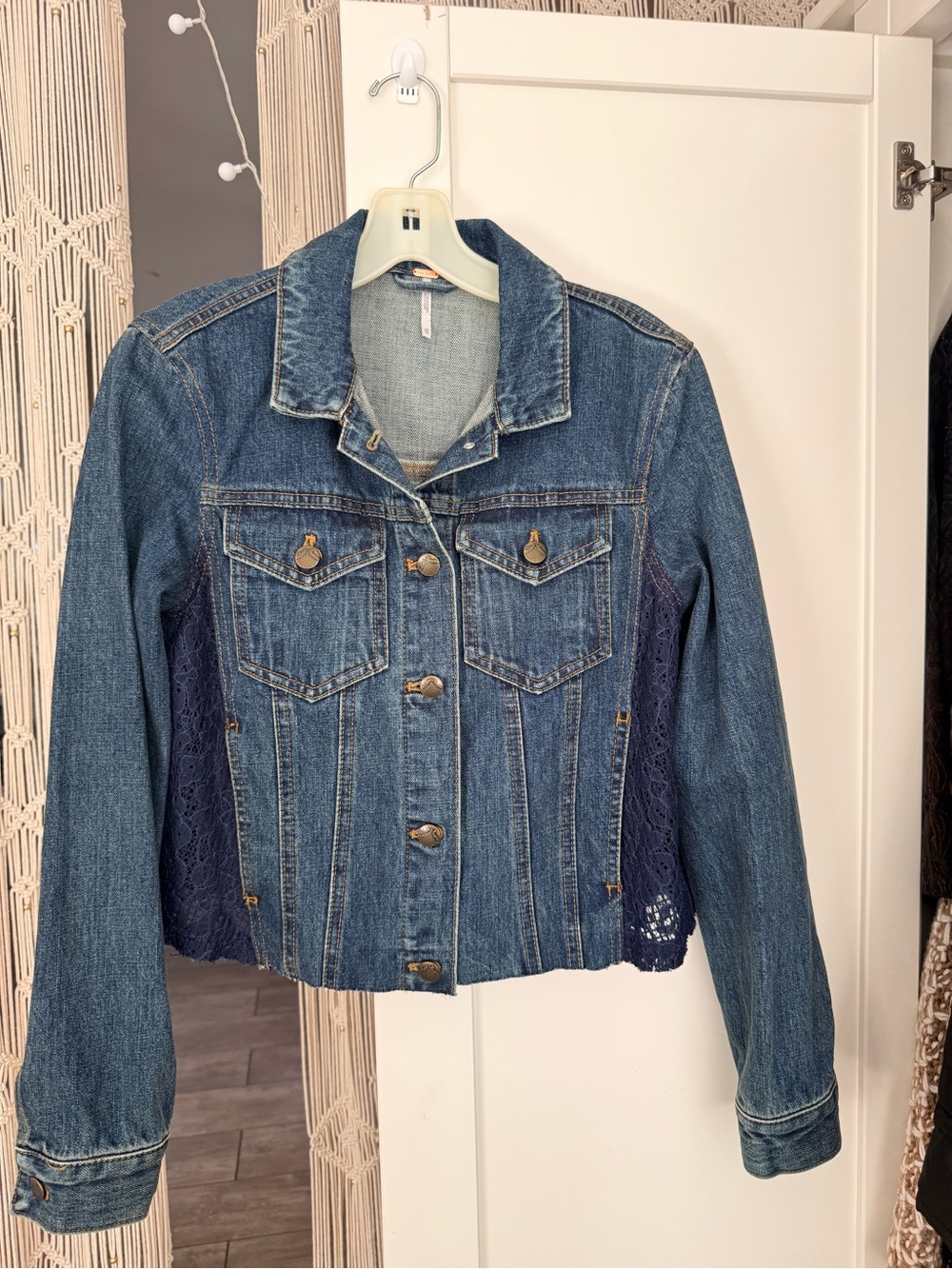 Free People Blue Denim Jacket with Navy Lace Side Panels